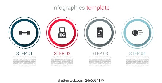 Set Dumbbell, Weight, Music player and Tennis ball. Business infographic template. Vector