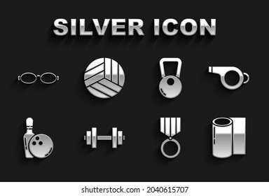 Set Dumbbell, Whistle, Fitness mat roll, Medal, Bowling pin and ball, Kettlebell, Glasses for swimming and Volleyball icon. Vector