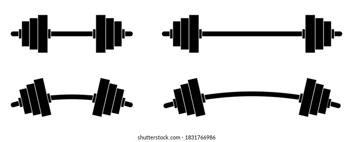 Set of dumbbells and barbells for the gym. Black icon for fitness and sports center. Barbell and dumbbells logo design. Vector illustration, EPS10.