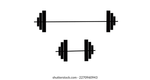 Set of dumbbells and barbells for the gym. Black icon for fitness and sports