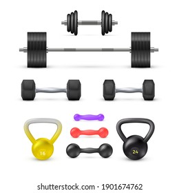 Set Of Dumbbells Barbells And Weight. Fitness And Bodybuilding Equipment. Vector Elementrs