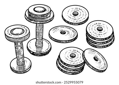 Conjunto de halteres com peso extra esboço desenhado à mão. Exercício de aptidão. Bombear os músculos dos braços. Equipamentos de ginástica. Exercício físico. Estilo de vida saudável. Objeto metálico. Ilustração em arte de gravura em vetor.