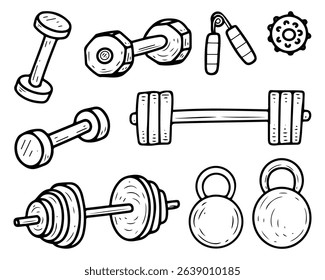 Set dumbbells. Hand drawn doodle illustration. Heavy sports equipment for strength training in gym. Muscle building. Kettlebell, barbell, expander. Active lifestyle. Vector line art collection.