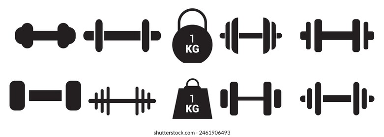 Set of Dumbbells icons in Black flat style, Gym heavy strength training dumbbells pictogram. barbells for bodybuilding and fitness, Weight lifting dumbbell signs