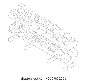 A set of dumbbells are lined up on a rack. The rack is made of wood and has a metal base. The dumbbells are of various sizes and are arranged in a neat row. Isometric view