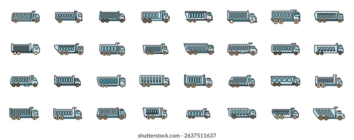 Set of dump truck icons representing various dumper models used in construction sites and industrial settings, showcasing diverse load capacities and designs