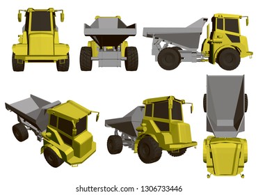 Set with dump truck. Six realistic models of dump trucks with a yellow cab. 3D. Vector illustration.