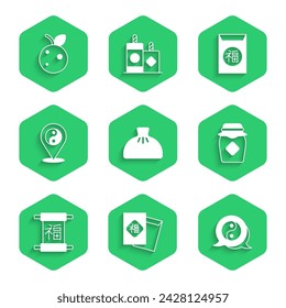 Set Dumpling, Chinese New Year, Yin Yang symbol, Jar of honey,  and Peach fruit or nectarine icon. Vector