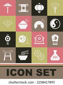 Set Dumpling, Chinese paper lantern, Yin Yang, Rice bowl with chopstick, or japanese folding fan, Japanese umbrella from the sun and fortune cookie icon. Vector
