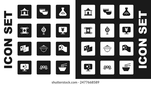 Set Dumpling, Chinese paper lantern, Decree, paper, parchment, scroll, house, Yuan currency, tea ceremony, China flag and  icon. Vector