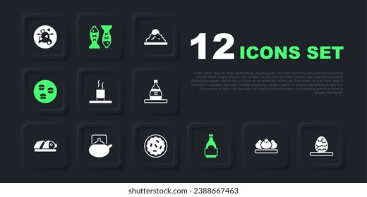 Set Dumpling, Chinese tea egg, Cup of, Soy sauce bottle, Sushi, Traditional ceremony, Served fish plate and Homemade pie icon. Vector