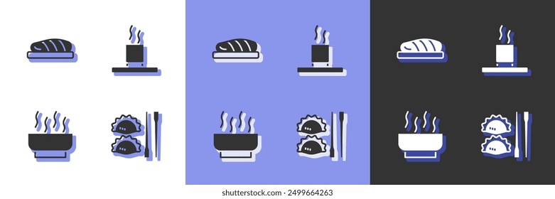 Set Dumpling with chopsticks, Fish steak, Ramen soup bowl and Cup of icon. Vector