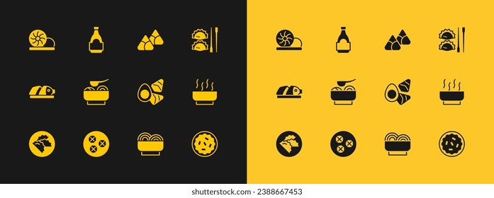 Set Dumpling with chopsticks, Wonton, Chicken egg vegerables, Asian noodles bowl, Ramen soup, Zongzi bamboo steamer, Xiao long bao and Soy sauce bottle icon. Vector