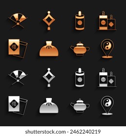 Set Dumpling, Firework, Yin Yang symbol, Chinese tea ceremony, New Year, Traditional paper fan and lantern icon. Vector