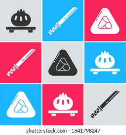 Set Dumpling on cutting board, Traditional Japanese katana and Sushi icon. Vector