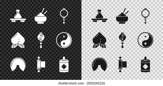 Set Dumpling on cutting board, Rice bowl with chopstick, Chinese paper lantern, fortune cookie, Decree, paper, parchment, scroll, Firework, Peach fruit and Yin Yang icon. Vector