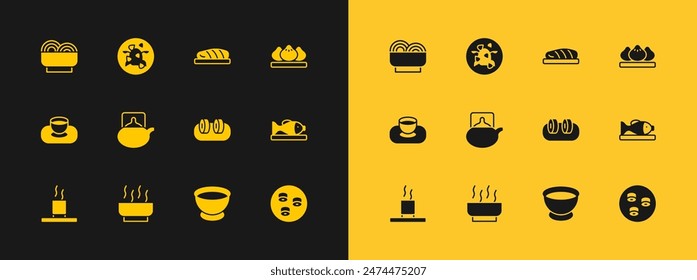 Set Dumpling, Ramen soup bowl, Sushi, Soy sauce, Traditional tea ceremony, Fish steak, Asian noodles and Kung Pao chicken icon. Vector