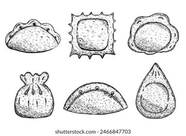 Conjunto con tipos de bolas de masa para menú en estilo de esbozo dibujado a mano