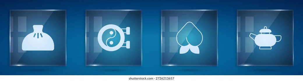 Set Dumpling, Yin Yang symbol, Peach fruit or nectarine and Chinese tea ceremony. Square glass panels. Vector