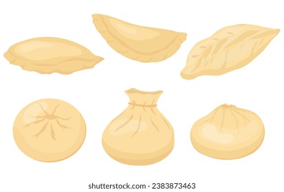 A set of dumplings. Dim sum, dumplings, khinkali, manti, ravioli Vector stock illustration. isolated on a white background.