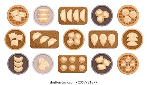 Set of Dumplings On Wooden Plated And Boards. , Savory Parcels Of Dough Filled With Meat, Vegetables, Or Other Ingredients. Various Shapes of Boiled, Steamed, Or Fried. Cartoon Vector Illustration