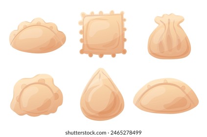 Conjunto de bolas de masa con raviolis y pierogi. Ilustración vectorial