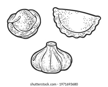 set of dumplings sketch engraving vector illustration. T-shirt apparel print design. Scratch board imitation. Black and white hand drawn image.