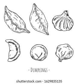 Set of dumplings. Vector cartoon illustrations. Hand-drawn style. Isolated objects on a white background.