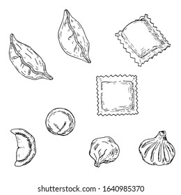 Set of dumplings. Vector cartoon illustrations. Hand-drawn style. Isolated objects on a white background.