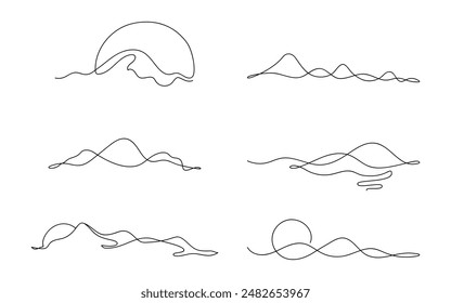 Set of dunes or mountains in  minimalist art. Sketch. Design for logo, symbol, presentation. Vector illustration continuous line drawing.