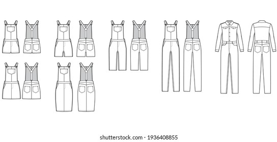 Set of Dungarees Denim overall jumpsuit dress technical fashion illustration with full knee mini length, normal waist, high rise, pockets, Rivets. Flat front, back white color. Women, men CAD mockup