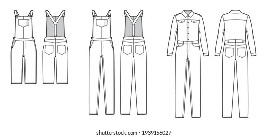 Set of Dungarees Denim overall jumpsuit technical fashion illustration with full knee length, normal waist, high rise, pockets, Rivets. Flat front back, white color style. Women, men unisex CAD mockup