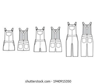 Set of Dungarees Denim overall jumpsuit technical fashion illustration with knee mini length, normal waist, high rise, pockets, Rivets. Flat front back, white color style. Women, men unisex CAD mockup