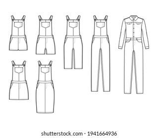 Set of Dungarees Denim overall jumpsuit dress technical fashion illustration with full knee mini length, normal waist, high rise, pockets, Rivets. Flat front, white color style. Women, men CAD mockup