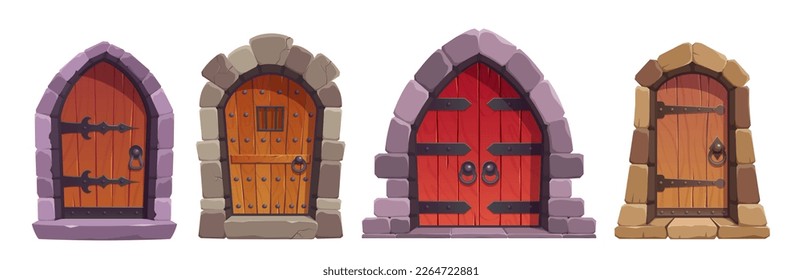 Set of dungeon or castle closed door for game vector illustration. Cartoon isolated entrance collection made of stone and wood. Antique asset for palace, church doorway exterior. Building brick entry