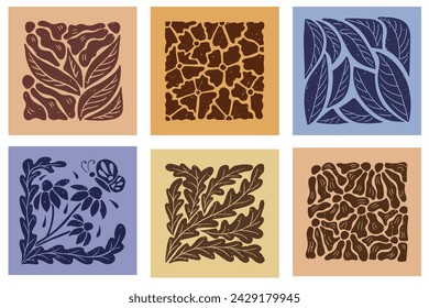 Set of duotone abstract floral square posters. Flat contrast botanical illustrations in printmaking technique with grunge texture and scratches. Ideal for home decoration, posters, t. 3D Illustration