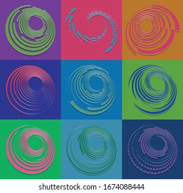 set of duotone curly, coil, gyration volute shapes. twine vortexes rotating in concentric, radial, radiating and circular, circling fashion