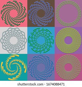 set of duotone curly, coil, gyration volute shapes. twine vortexes rotating in concentric, radial, radiating and circular, circling fashion