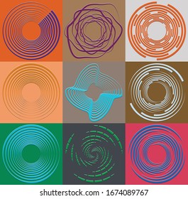 set of duotone curly, coil, gyration volute shapes. twine vortexes rotating in concentric, radial, radiating and circular, circling fashion