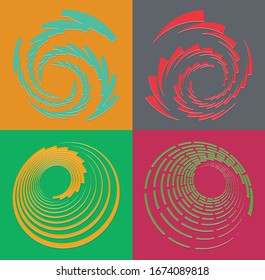 set of duotone curly, coil, gyration volute shapes. twine vortexes rotating in concentric, radial, radiating and circular, circling fashion