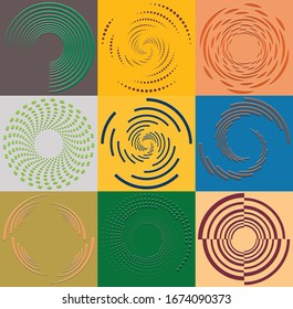 set of duotone curly, coil, gyration volute shapes. twine vortexes rotating in concentric, radial, radiating and circular, circling fashion
