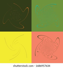 set of duotone curly, coil, gyration volute shapes. twine vortexes rotating in concentric, radial, radiating and circular, circling fashion