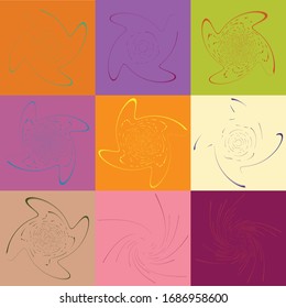 set of duotone curly, coil, gyration volute shapes. twine vortexes rotating in concentric, radial, radiating and circular, circling fashion