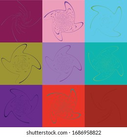 set of duotone curly, coil, gyration volute shapes. twine vortexes rotating in concentric, radial, radiating and circular, circling fashion