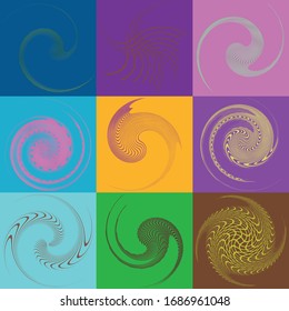 set of duotone curly, coil, gyration volute shapes. twine vortexes rotating in concentric, radial, radiating and circular, circling fashion