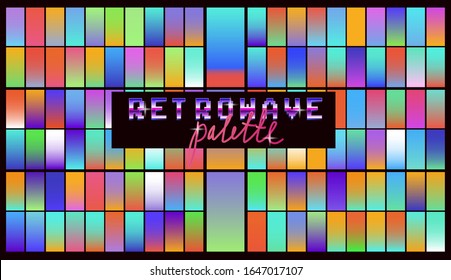 Set of duotone and holographic swatches for trendy coloring. Retrowave neon color palette.