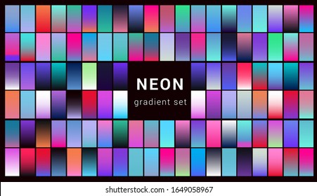 Set of duotone and holographic swatches for trendy coloring. Retrowave neon color palette.