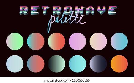 Set of duotone and holographic swatches for trendy coloring. Retrowave neon color palette.