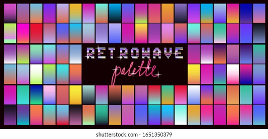Set of duotone and holographic swatches for trendy coloring. Retrowave neon color palette.