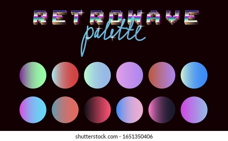 Set of duotone and holographic swatches for trendy coloring. Retrowave neon color palette.
